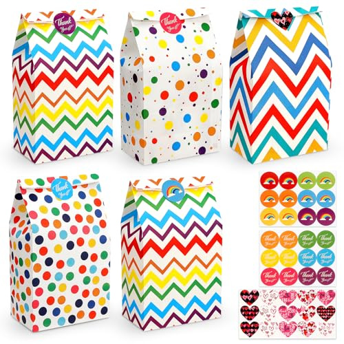 WGIDSKKI 20 Stück Papiertüten, 5 Stil Geschenktüten Kindergeburtstage mit 48 Aufkleber, von Kindergeburtstag, Hochzeit, Feiern, 24 x 13 x 8 cm Braun Tüten Papier
