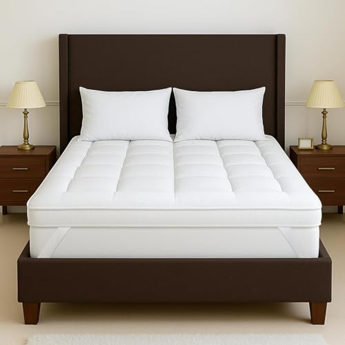 Mattress Topper Double Bed 5 cm Thick 1100 GSM – Quilted Luxury Hotel Microfibre Topper 137 x 190 cm | Extra Deep, Hypoallergenic, Breathable | Secure Anti-Slip Corner Straps | All UK Sizes