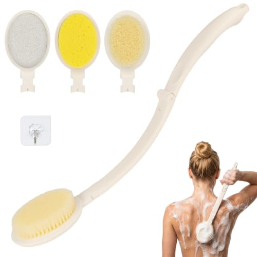 BUTBU Badborste, ryggborste duschborste vikbar, med 3 utbytbara, för hudpeeling, för att förbättra blodcirkulationen, cellulitmassage, lämplig för alla