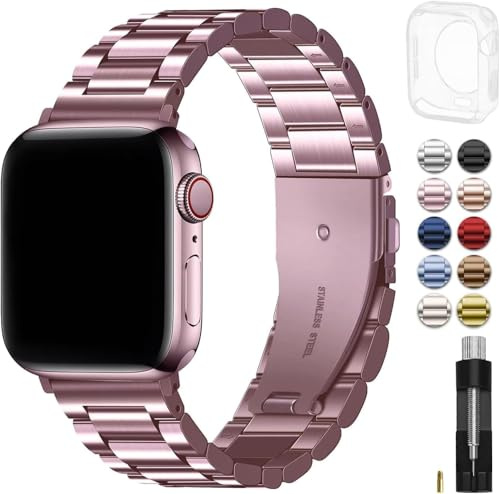 Fullmosa Compatible with Apple Watch Straps 44mm 45mm 42mm, Metal Stainless Steel Replacement Bands for iWatch SE 3/2/1 Series 9/8/7/6/5/4/3/2/1, Rose Pink & Protective Case