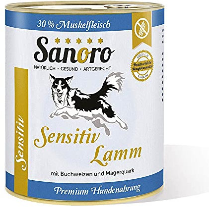 Sanoro Menü Sensitiv Lamm. Premium Hundefutter in Teil-Bio-Qualität. Muskelfleisch vom Lamm mit Bio-Buchweizen und Bio-Magerquark. Purinreduziert. Futter bei Leishmaniose. Singleprotein (6 x 800 g)