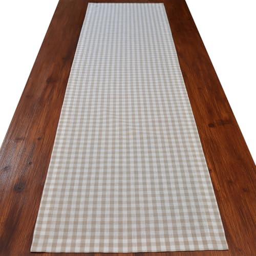Tischläufer Hannah hochwertige Landhaus-Tischdecke beige-weiß kariert | weiche rustikale Tischdeko Karo-Muster | langlebig, pflegeleicht Küche und Ferienhaus | Tischband Länge x Breite 140 x 40 cm