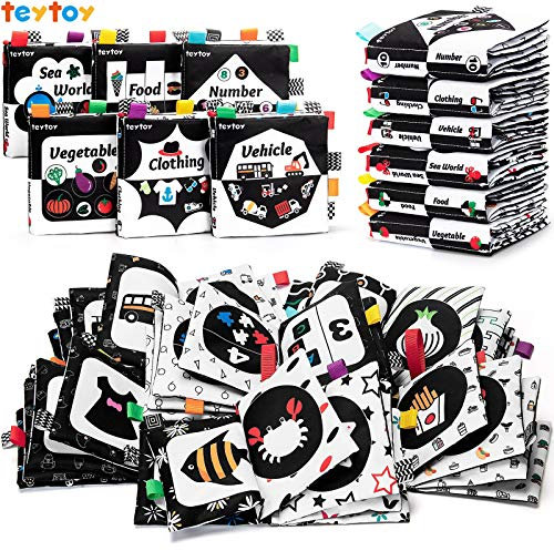 teytoy Schwarz-weiße Baby-Bücher 0-6 Monate, Baby-Bücher, kontrastreich, Stoffbuch, frühpädagogisch, sensorisch, schwarz-weißes Spielzeug, Knisterbücher für Babys, 6 Stück