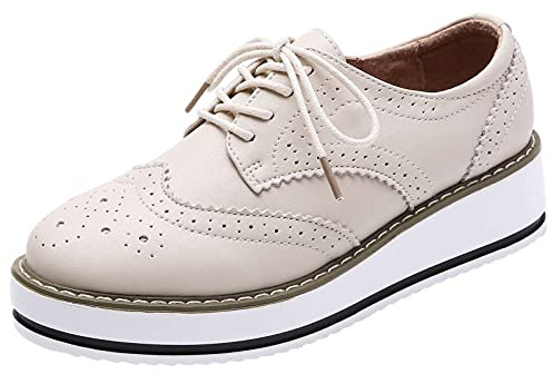 ANUFER kvinnors snörningsbrogues träningsskor skor vardaglig plattform creepers, beige matt, 38.5 EU