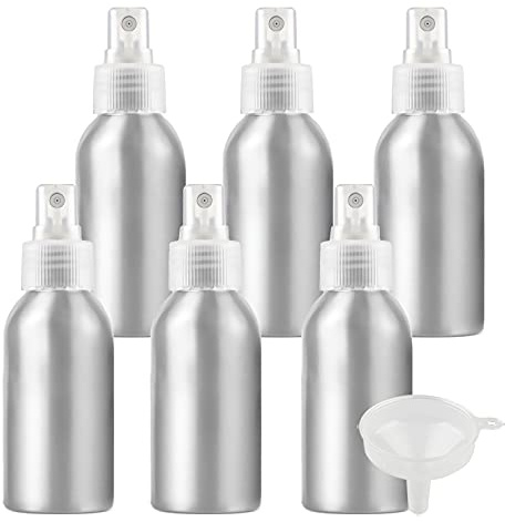 ZEOABSY Pack of 6 Empty 100ml Silver Aluminium Spray Bottle Refillable Aluminum Bottles with Clear Fine Mist Sprayer Metal Spray Bottles for Perfume Hair Garden Travel, Funnel