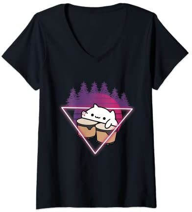 Damen Bongo Cat trommeln Musik Katzen Internet Memes T-Shirt mit V-Ausschnitt