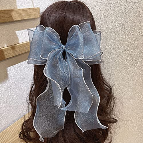 Duories Große Haarspange Haarschleifen Mädchen,Damen Haarclips Haarklammern Haarspangen Elegante Lange Organza Schleife Haarschmuck Haar Accessoire für Frauen Mädchen Dicke Haar Dünne Haar,Blau