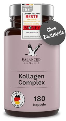 Kollagen Complex - 180 Kapseln für 3 Monate – mit Hyaluronsäure, Granatapfelextrakt, Magnesium & Vitamin C - für Haut, Haare & Nägel – ohne Zusatzstoffe - Made in Germany - Balanced Vitality
