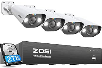 ZOSI 4K Kit de Cámara de Vigilancia Seguridad PoE 8CH 8MP Grabador NVR con 2TB HDD y 4pcs 5MP Cámara IP Exterior, Visión Nocturna en Color, Detección de Personas y Vehículos, Audio