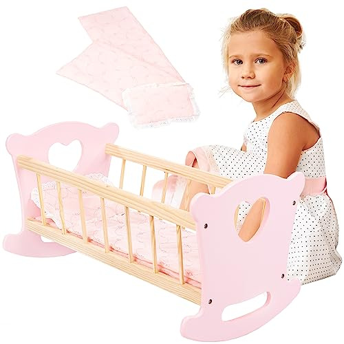 Kinderplay Green Series Culla per Bambole in Legno – Set Lettino con Trapunta, Cuscino e Lenzuolo – Per bambole fino a 49,5 cm – Design con cuori, Montaggio facile