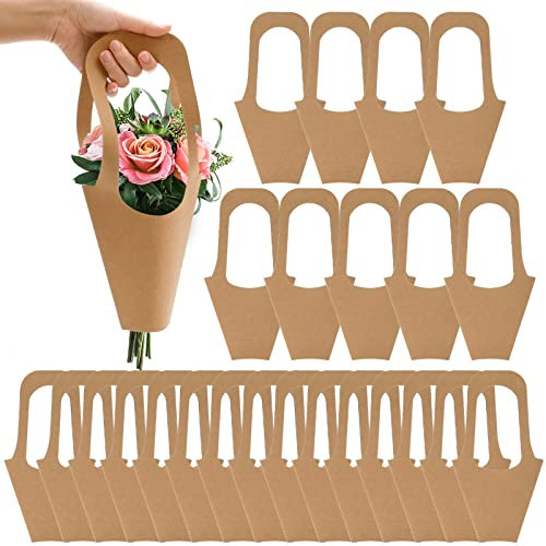 ZOOFOX 25 Pack Brown Kraft Paper Flower Bouquet Bags with Handle, Ideal for Weddings, Birthdays, Anniversaries & More, 13.8 H x 7.5 W