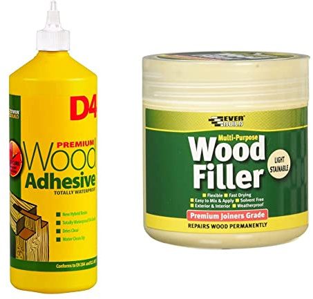 Everbuild D4 Premium Wood Adhesive | White - 1 Litre & EVBMPWFLS250 Multi-Purpose Wood Filler, Light Stainable, 250 ml