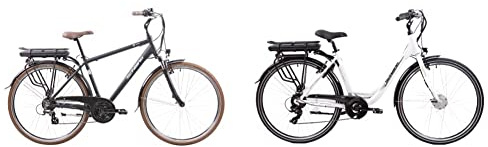 F.lli Schiano E-Ride 28 Zoll, City/Trekking E-Bike mit 250W Motor, 21-Gang-Getriebe, für Herren in Schwarz & E-Moon 28 Zoll E-Bike mit 250W Motor und 7-Gang-Getriebe, in Weiss