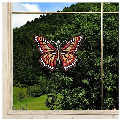 DSD Design-Studio Drechsler Fensterbild Schmetterling Fiona in rot-gelb aus Echter Plauener Spitze gestickte Fensterdekoration 15 x 20 cm