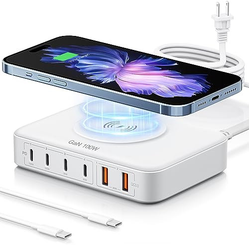 Marnana 6-in-1 Desktop Charger - 100W USB with 15W Wireless, 2 USB A & 4 USB C Ports for iPhone, iPad, MacBook, Laptop, Samsung & Android Devices