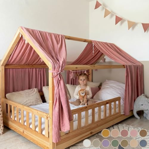 lilimaus Ciel de lit de maison - 100 % coton - Ciel de lit en mousseline - Décoration de lit de maison - Cadeau pour filles et garçons - Rideaux de lit à baldaquin pour lit d'enfant de 90 x 200 cm et