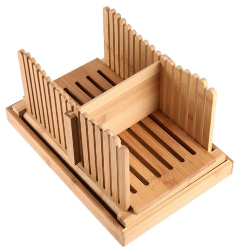 MAHIONG Trancheuse à pain en bambou, guide de tranchage de pain réglable, guide de tranchage de pain pliable avec plateau miettes, trancheuse à pain en bois pour pain fait maison, 31,7 x 23,7 x 19 cm