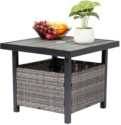 VINGLI Outdoor Side Table with Umbrella Hole Wicker Patio Umbrella Table, Wicker Side Table End Table for Balcony Porch Deck