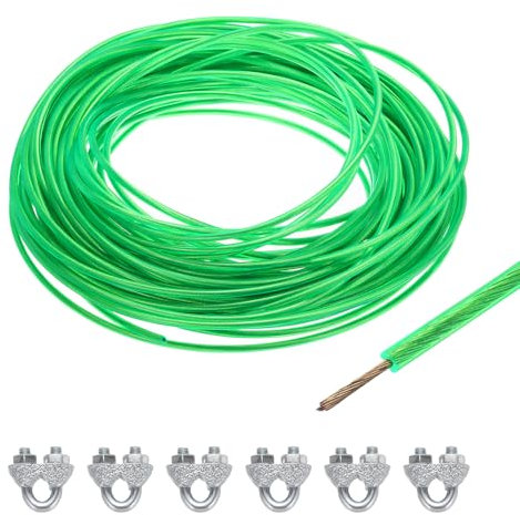 sourcing map 3.5mm (9/64 inch) Green Vinyl Coated Wire Rope, 30m /98ft Galvanized Steel Cable Wire Rope with 6PCS M5 Loop Sleeves for String Light Hanging, Deck Railing, Garden Wire