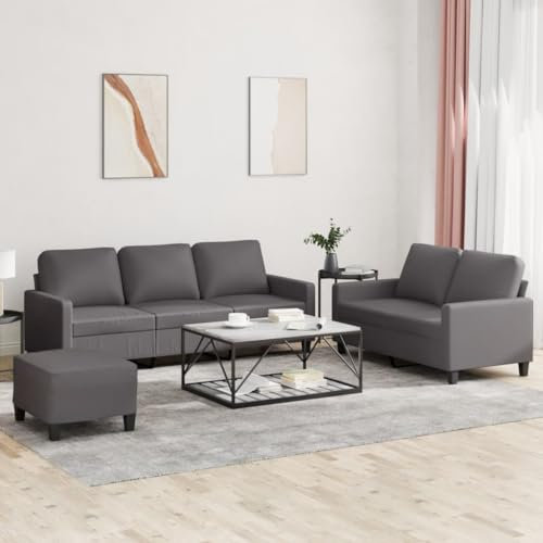 CINDERFUL 3-TLG. Sofagarnitur mit Kissen Grau Kunstleder,Bequeme Couchgarnitur aus Kunstleder mit Fußhocker für gemütliche Stunden im Wohnzimmer Möbel, Wohnzimmer