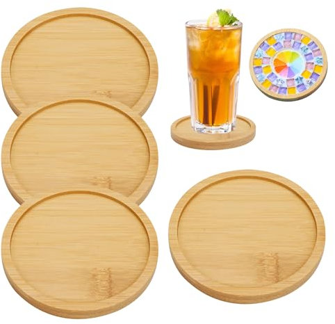 Set di 4 Sottobicchieri in Bambù per Bicchieri, Sottobicchieri in Bambù Rotondi Sottobicchiere Multiuso da 9,5 cm Rotondi Sottobottiglia da Tavola per Birra, Bevande, Tazze, Bicchieri, Tazza da Caffè