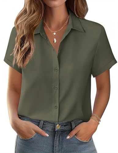 Zeagoo Women's Blouse Summer Short Sleeve Elegent V Neck Tops Casual Cotton Blouses Button Down Shirts Casual Cotton Blouses Office Work Blouse Army Green S