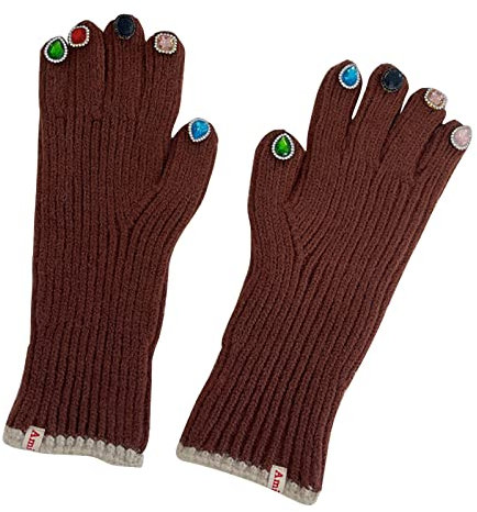 Zgehnao Strickhandschuhe, französischer Vintage-Stil, Luxus-Strickhandschuhe für Damen, Vollfinger-Handschuhe mit Dekor an den Fingerspitzen, braun, Length: about 25cm