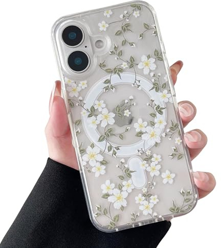 ZTOFERA Magnetiskt fodral för iPhone 16, estetiskt blommönster, sött, fallskydd, skyddande hårt telefonskydd, Stor vit blomma