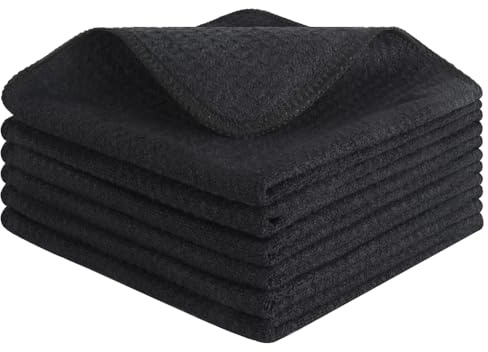 VIVOTE Microfiber Cloth, Barista Cloth No Lint Waffle Tea Towel Black Dishcloths Washable Kitchen Rags, Thick Household Cleaning Cloths 30cm X 30cm 6 Pcs,280gsm