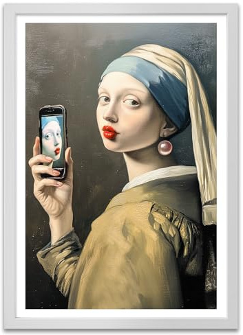 ARTFAVES® Poster - Perlenohrring Mädchen modern | Wanddeko Wandbild Kunst Modern Witzig | mit Rahmen Schwarz | 30 x 40 cm