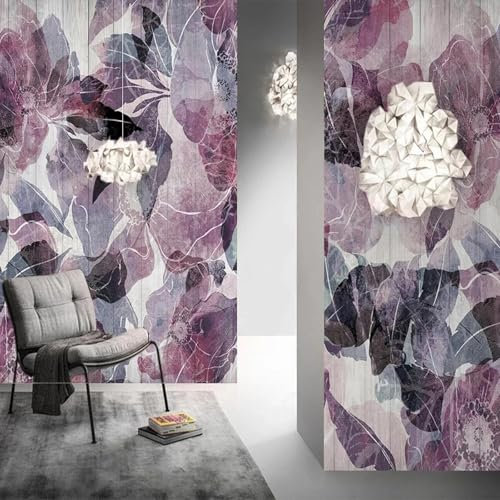 HBYUEHAN Retro-Tapete, lila Blätter, Aquarell-Holzpaneel-Tapete, großes Wandbild, Schlafzimmer, Wohnzimmer, Sofa-Hintergrund, 3D-Fototapete