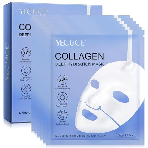 Collagen Face Mask with Vitalizing Probiotic, 6 EA Real Deep Hydrating Overnight Face Mask Glass Glow, Facial Wrinkle Lifting Sheet Masks, Korean Skin Care for Women