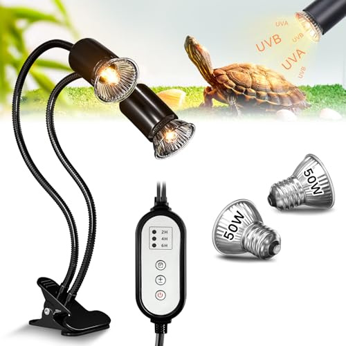 Glowup Värmelampa, sköldpaddor med cyklustimer, dubbelhuvud, värmelampa, terrarium med 2 x E27 50 W basking spotlampor, 360° roterbar E27 terrarium, varmelampa för sköldpadda, ödla, spindel, lång