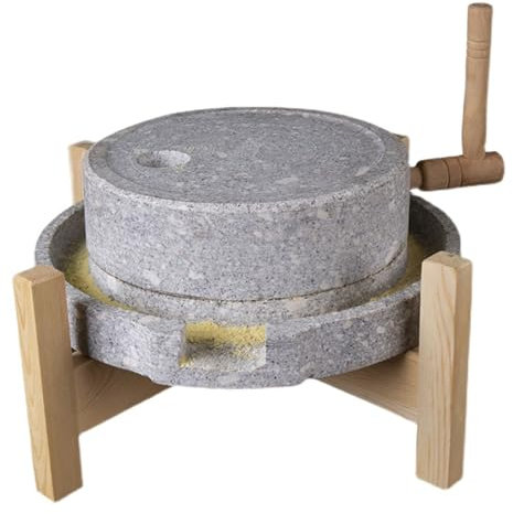 KOQENAG Stone Grain Mill, Natural Stone Grinding Disc with Stand, Wet and Dry Grinder, Rustic Style Hand Crank Food Mill, Easy to Clean, for Grains, Wheat, Almonds, Peppers(25cm/9.8in)