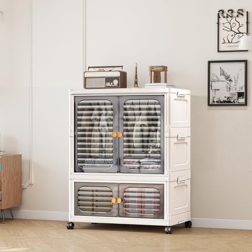 Niwugady Armario portátil con puertas dobles, armario plegable con ruedas, cajonera apilable de plástico con 1 colgador + 1 almacenamiento, 60 x 35 x 79 cm, color blanco