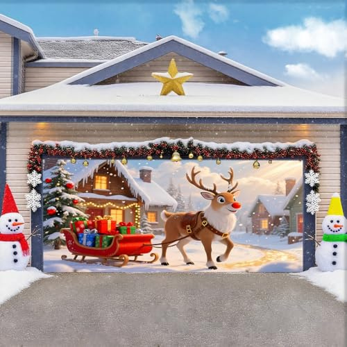 ZFFLYH Copertura per Porta Garage Natale Grande Striscione per Porta Garage Decorazione da Festa Natalizia Sfondo per Decorazione della Casa Interna,Reindeer,6.5 * 5FT