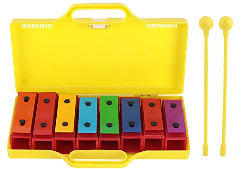 8-Noten-Xylophon-Glockenspiel, Schlaginstrumente für Kinder, pädagogisches Musikspielzeug mit 2 Trommelstöcken und gelber Box, Resonanzböden für die Hand-Auge-Koordination,