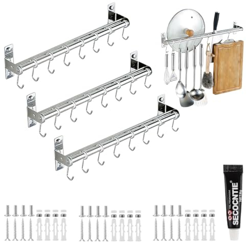 FasTrove 3 Pack Kitchen Utensil Rack 40cm Stainless Steel Rail With 8 Hooks | Double Bar Wall Mounted Organizer For Lid,Spoons,Knives,Pots & Pan (Space Saving, Heavy Duty)