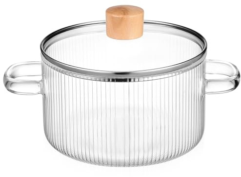 Angoily Casserole Mijoteuse en Verre 1,6 L Couvercle, Poignées en Bois, Adaptée pour Soupes et Lait, Compatible Cuisinière et Usage Familial