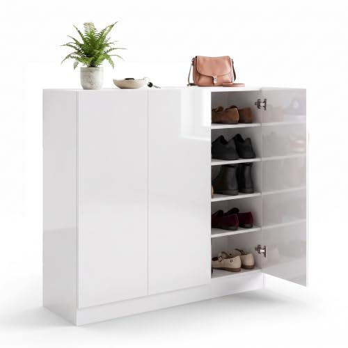 Msutree Schuhschrank Hochglanz 3 Türen (107x35x110 cm), Moderner Flurschrank Mehrzweckschrank mit Verstellbaren Einlegeböden, Grifflos Kommode für Flur Wohnzimmer, Großer Stauraum, Weiß