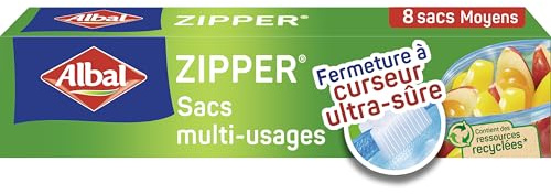 Albal - 8 Sacs multi-usages Zipper - Moyen Modèle 3L - Pour conserver, congeler, ranger ou transporter - Fermeture à curseur - Réutilisable - Lot de 4