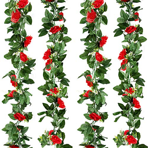 Kalolary 2-pack konstgjord rosblomma girlang falsk murgröna klätterväxter, 38 m röd konstgjord siden ros hängande girlanger, för hem hotell kontor bröllopsfest trädgård hantverk konstdekor