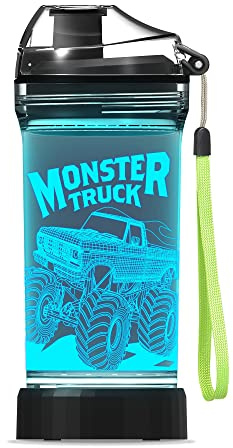 Lightzz Botella de agua para niños con luz LED 3D Monster Truck ilusión, Tritan de 14 onzas, libre de BPA, regalo creativo ideal para escuela, niños, vacaciones, picnic, camping