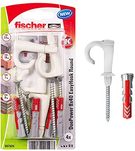 Fischer EasyHook Round 8, set da 4 Ganci Tondi e 4 Tasselli DuoPower 8 x 40 mm, Montaggio Facile e Veloce Senza uso di Pinze su Muro, Cartongesso, Mattoni Forati, Cemento, Legno, Soffitto, 557924