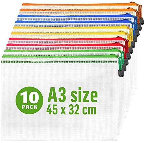 10 x Zip Beutel A3 45x32 cm - Dokumententasche A3 mit Reißverschluss - Puzzle Aufbewahrung - Reißverschlussbeutel Groß - Sammelmappe - Sortiertaschen - Mesh Bag - Dokumenten Tasche Spiele