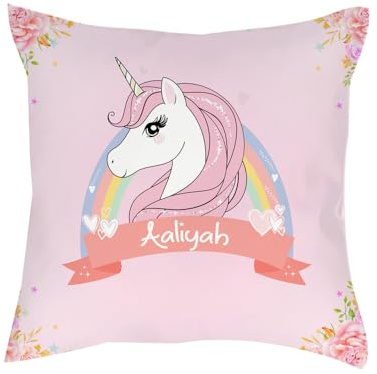 Personalised Floral Unicorn Magically Stars ANY NAME Funny Kids Birthday Gift Home Decor Satin Cushion, Throw Pillow/Cushion. (Satin Cushion Cover With Insert)