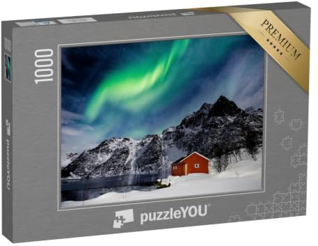 puzzleYOU: Puzzle 1000 Teile „Lofoten-Inseln: Nordlicht über einem Bergsee“ – aus der Puzzle-Kollektion Natur, Skandinavien, Himmel & Jahreszeiten