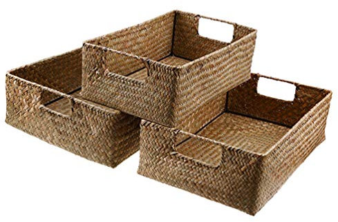 Healeved Panier De Rangement En Algues Tissé À La Main Grand Panier Rectangulaire En Osier Avec Couvercle En Rotin