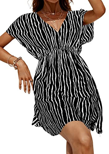 CUPSHE Women's Plunge V Neck Elastic Waisted Cover Up Set Split Short Sleeve Pull Over Mid Length Skirt Black Stripes XL