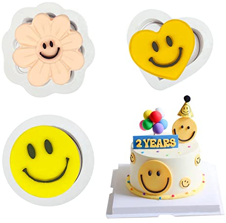 Smiley-Gesicht Fondant Formen (3 Stück), Lächeln Blume Herz Kuchen Dekorieren Silikonform für Cupcake Topper, Kekse, Brot, Süßigkeiten, Schokolade, Butter, Gelee, Gummi, Polymerton, Kerzen, Seife,